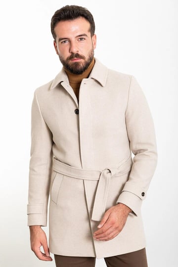 Plain Slim Fit Shirt Collar Belted Stitching Men's Coat