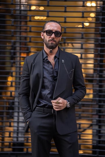 Special Design Wide Collar Single Button Slim Fit black Suit