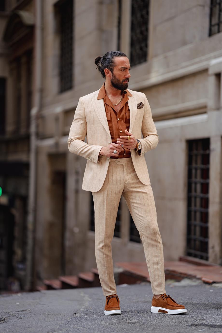 Men's Beige Detailed Slim Fit Suit