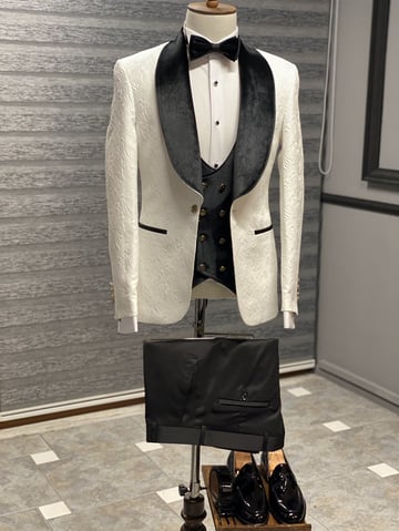 Black Velvet Collar and Double Button Detailed Special Design Wedding white Suit