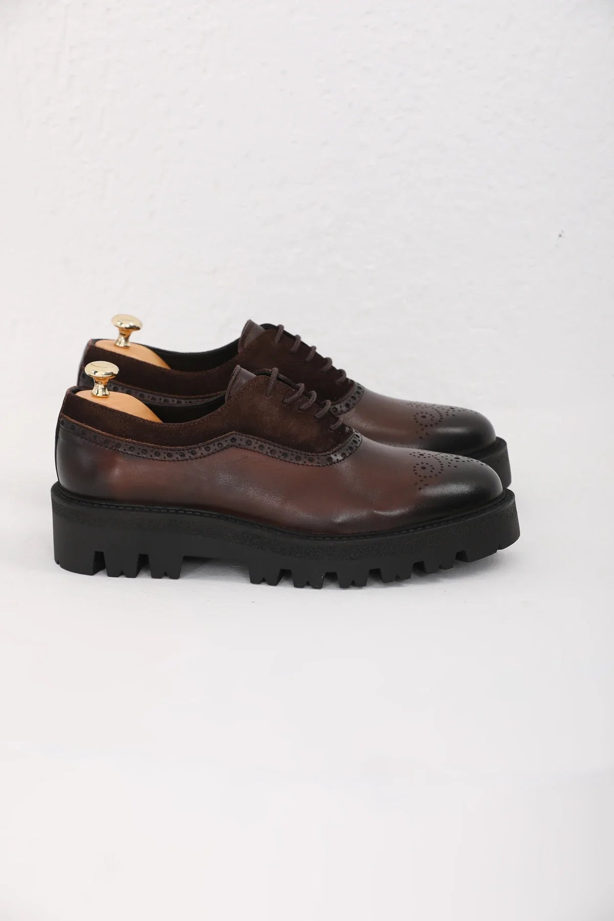 Brown Suede And Plan Toe Brogue Chunky Shoes