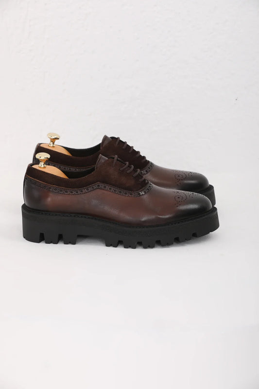 Brown Suede And Plan Toe Brogue Chunky Shoes